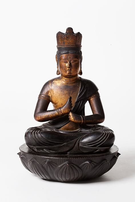 Statua In Bronzo Con Tracce Di Doratura Raffigurante Amida Buddha Su